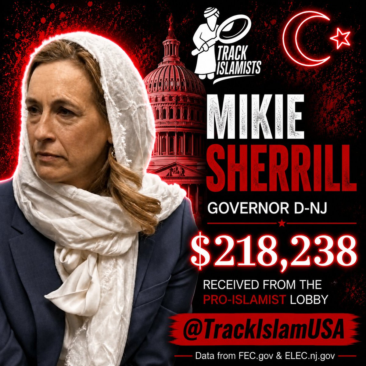 GoldenAgeTimes2's tweet photo. NJ Gov Mikie Sharia Sherrill took over $200k from radical Islamists. https://t.co/ph0Kzk47XE
