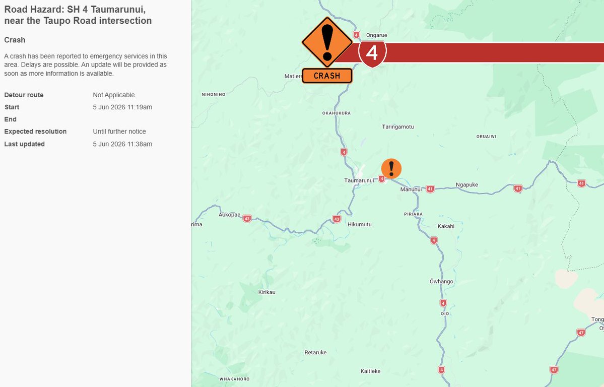 nztacni's tweet photo. SH4 TAUMARUNUI, MANAWATŪ-WHANGANUI - CRASH - 11:40AM, FRI 5 JUN
A crash has been reported on State Highway 4 just east of Taumarunui township, near the intersection with Taupo Rd. Delays are likely through the area and a road closure is possible. Be prepared to detour. https://t.co/548J2NYJQU