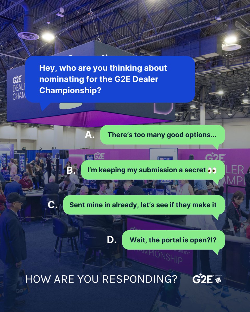 G2Eshows's tweet photo. Get your #G2E2026 Dealer Championship nomination ready now.

The portal is live and accepting submissions. Send yours in: https://t.co/DH88SkBXjl https://t.co/SQgsBXrEKc