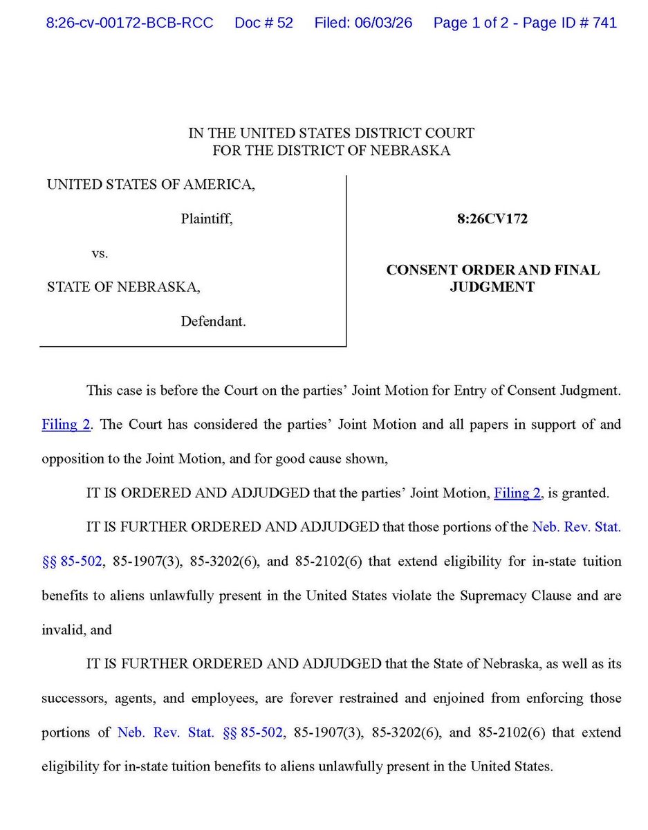 libsoftiktok's tweet photo. MASSIVE WIN: Trump-appointed U.S. District Judge Brian Buescher just struck down a Nebraska law which allowed some illegals to be eligible for taxpayer funded tuition

Not a penny to illegals! https://t.co/Dwwmg0n8dg