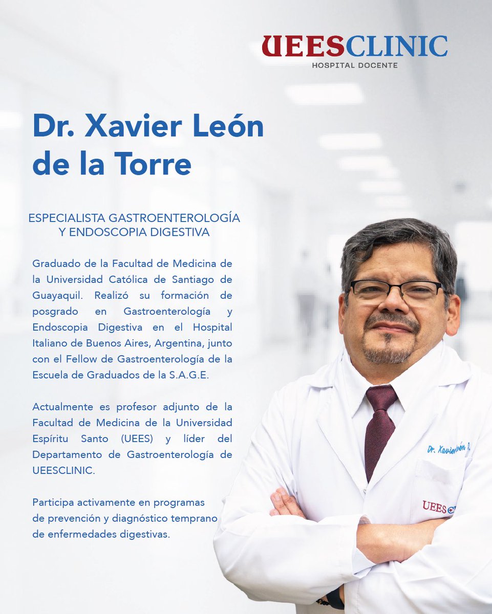 UEESClinic's tweet photo. Detrás de cada diagnóstico oportuno y cada tratamiento exitoso, hay profesionales comprometidos con el bienestar de sus pacientes.

Conoce al Dr. Xavier León de la Torre, especialista en Gastroenterología y Endoscopia Digestiva, parte de nuestro equipo médico en UEESCLINIC. https://t.co/a45iFNF7q1