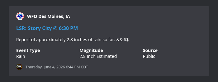 IowaWXNetwork's tweet photo. 6:30 PM: Story City [Story, IA] Public reports Rain of 2.8 Inch (Estimated) -- Report of approximately 2.8 inches of rain so far. &amp;&amp; $$ https://t.co/Pd8t2HFX4L #iawx https://t.co/KrimPAETxI