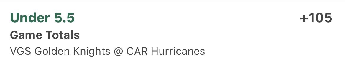 MMAMeez's tweet photo. 1u Hurricanes Golden Knights u5.5 goals +105

In my 10 minutes of research, majority of the game 2s for both have gone under this post season. Carolina allowing the least goals/game in the postseason at just under 2. Knights #4 at 2.47.

Game 2s after upsets in any sport are usually tightly played (hint hint for tomorrow’s NBA finals). Plus an under as a blind bettor just feels right.