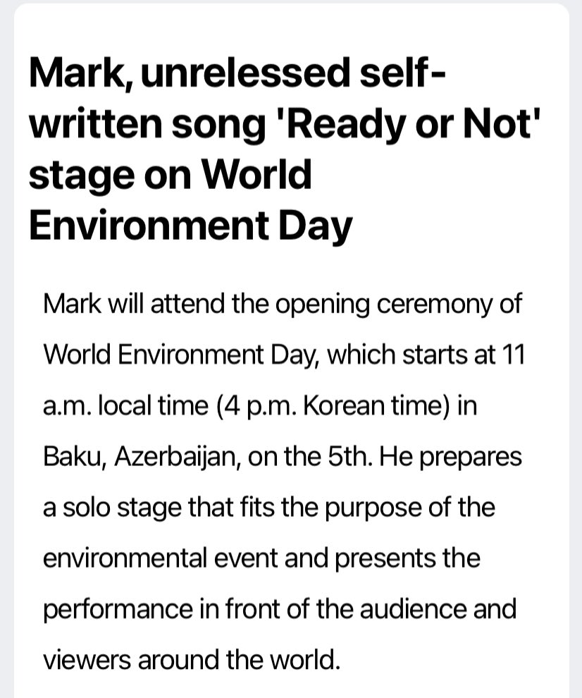 igotchulee_'s tweet photo. Mark will attend the opening ceremony of World Environment Day, which starts at 11 a.m. local time (4 p.m. Korean time) and He prepares a solo stage that fits the purpose of the environmental event and presents the performance in front of the audience and viewers around the world.

‘READY OR NOT’ self written song by MARK LEE