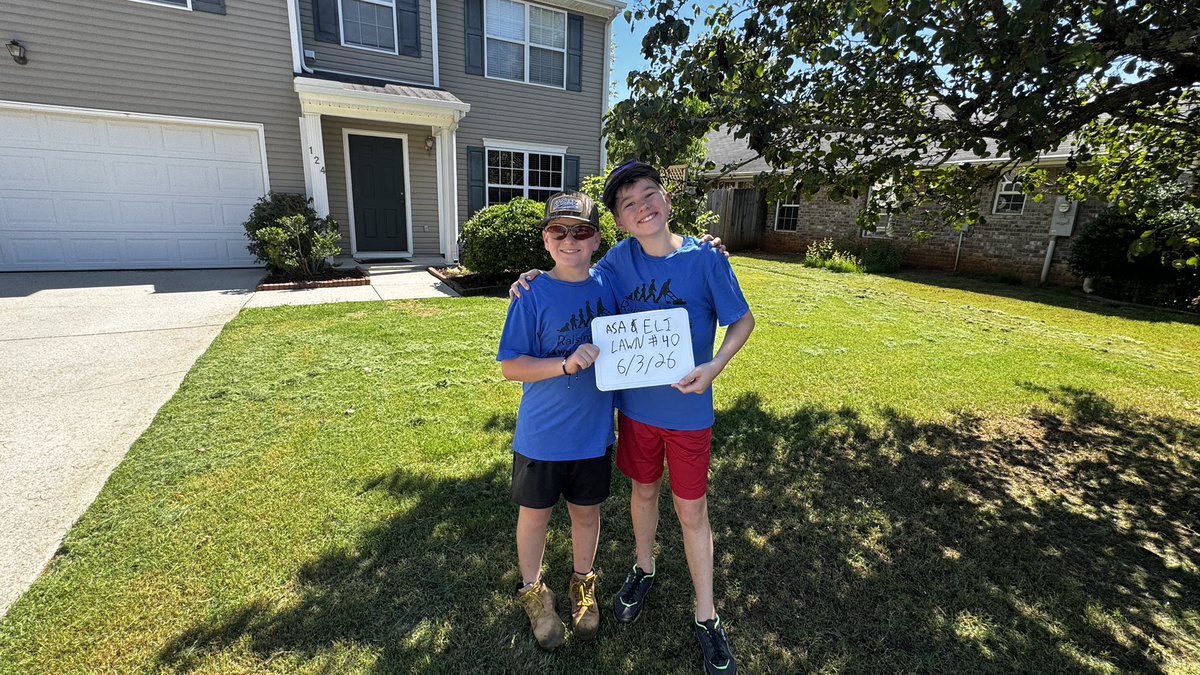 iamrodneysmith's tweet photo. Eli and Asa from home base, Huntsville , Alabama who are taking part in our 50 yard challenge mowed their 40th lawn. They are on the final stretch ! https://t.co/GcExIhe7Mk