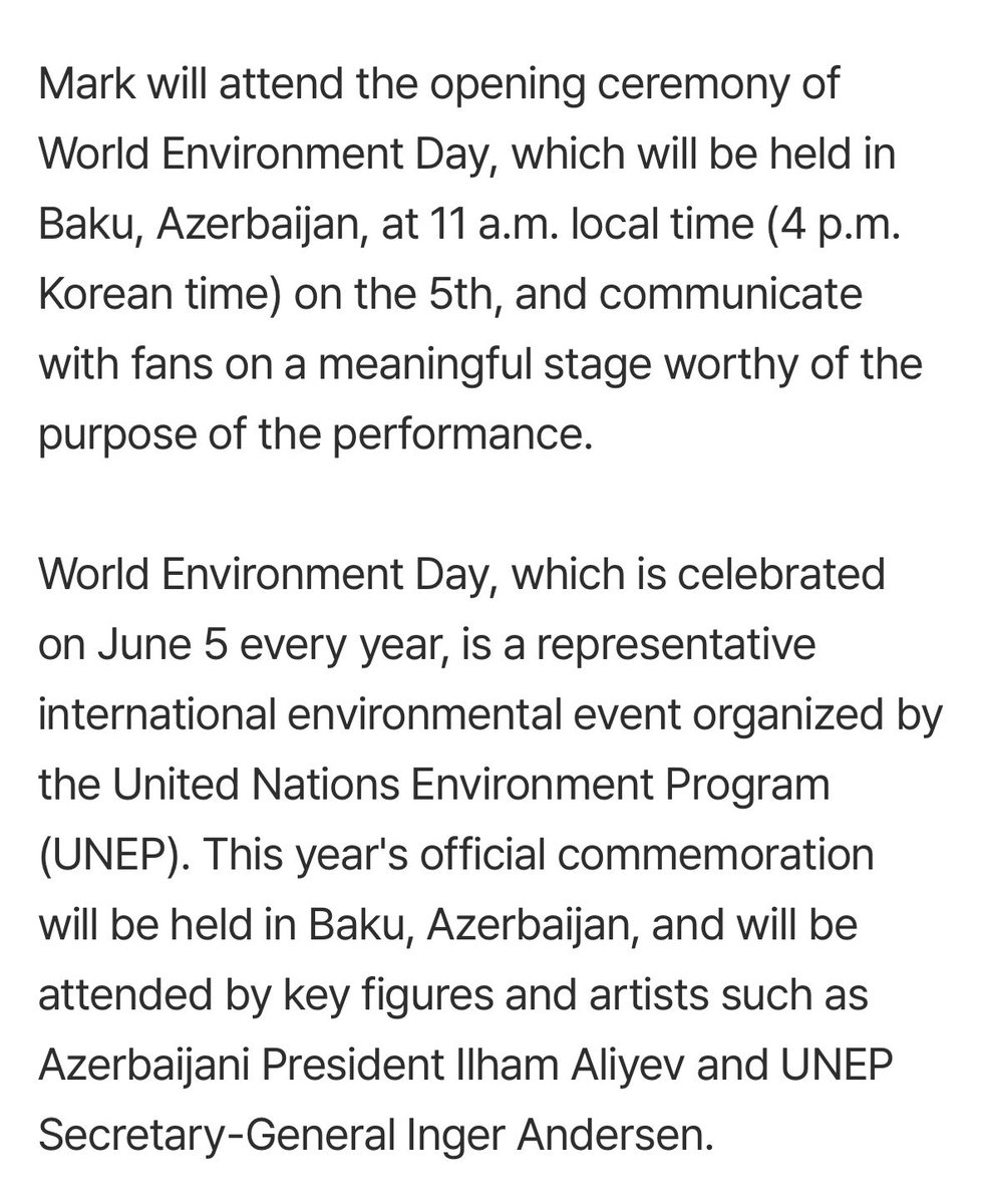 joyfularchives's tweet photo. “Mark will attend the opening ceremony for World Environment Day, which will be held on june 5 in Baku, Azerbaijan. Mark will aslo present the solo stage premiere of his self-composed, as-yet-unreleased song “Ready or Not,” closing out the event’s performance program”

mark first performance of his new song will be on 5th June 😭🥹