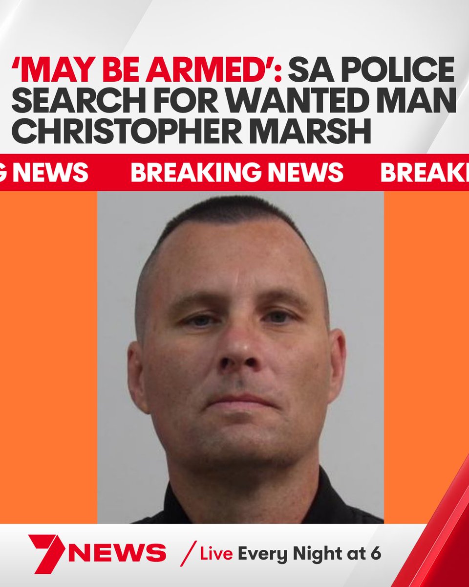 7NewsAdelaide's tweet photo. BREAKING: Police are urging the public to not approach a wanted man who may be armed. 47-year-old Christopher Marsh is wanted for ‘serious recent offending’ and is known to frequent Adelaide’s northern suburbs. Police have seized a SKS-style firearm believed to have been in his possession. He is described as about 185cm tall, with a muscular build, short brown hair and hazel eyes. Anyone who spots Christopher Marsh or has any information on his whereabouts should contact police immediately on 131 444 or Triple Zero in an emergency.