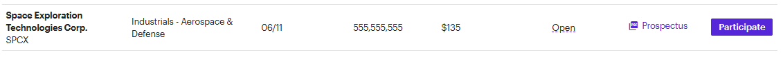 scytalecipher's tweet photo. It's happening! SpaceX IPO listed on E-Trade. $135 per share https://t.co/zibHY3e1NV