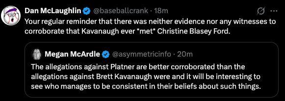 joewrote's tweet photo. Conservatives are being very clear that the Platter story is retribution for Kavanaugh.

Not surprisingly, they're all best friends with the story's subject, who worked for the organization that helped Susan Collins justify her vote to confirm Brett Kavanaugh. https://t.co/7SUAeqpD3w
