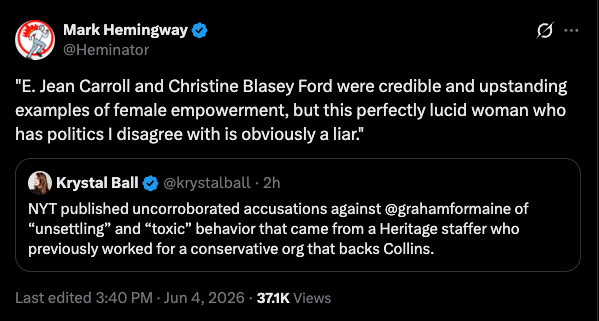 joewrote's tweet photo. Conservatives are being very clear that the Platter story is retribution for Kavanaugh.

Not surprisingly, they're all best friends with the story's subject, who worked for the organization that helped Susan Collins justify her vote to confirm Brett Kavanaugh. https://t.co/7SUAeqpD3w