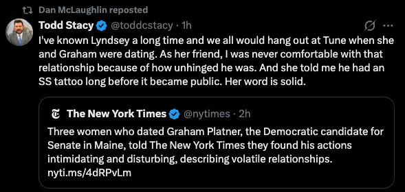 joewrote's tweet photo. Conservatives are being very clear that the Platter story is retribution for Kavanaugh.

Not surprisingly, they're all best friends with the story's subject, who worked for the organization that helped Susan Collins justify her vote to confirm Brett Kavanaugh. https://t.co/7SUAeqpD3w