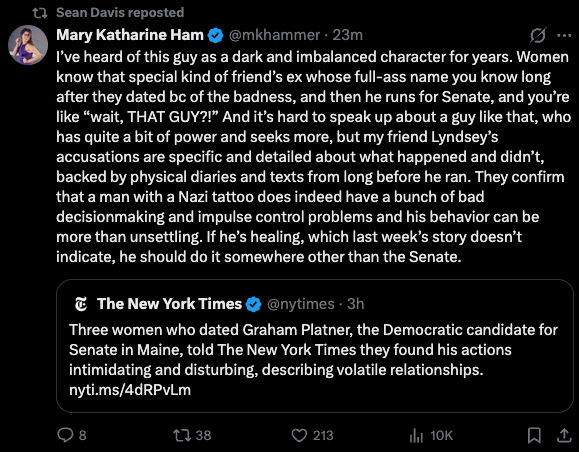 joewrote's tweet photo. Conservatives are being very clear that the Platter story is retribution for Kavanaugh.

Not surprisingly, they're all best friends with the story's subject, who worked for the organization that helped Susan Collins justify her vote to confirm Brett Kavanaugh. https://t.co/7SUAeqpD3w