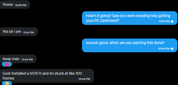 MasonReact's tweet photo. This customer upgraded his GPU and was stuck at 100 FPS...

144 FPS ➡️ 296 FPS 🤯
82 FPS 1% lows ➡️ 212 FPS 1% lows

Over 100% more performance after our PC Optimization service.

If your PC isn't performing the way it should...
DM me let's fix it. 🔥 https://t.co/UfMyBnlegC