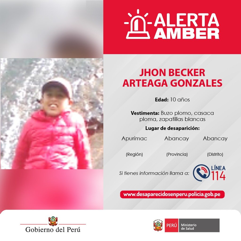 Minsa_Peru's tweet photo. #AlertaAmber 🚨 Han desaparecido:

▶️ CHARLOTTE ALAYAH MENDIS DURAN, de 2 años.

▶️ JOHN BECKER ARTEAGA GONZALES, de 10 años.

▶️ ROGER ELVIS VENTURA ALVARADO, de 10 años.

▶️ ALESSIA RIOS PEREZ, de 2 años.

Si tienes información sobre sus paraderos, comunícate con la línea 114.

🔁Comparte y ayúdanos a encontrarla y encontrarlos. #DesaparecidosPerú