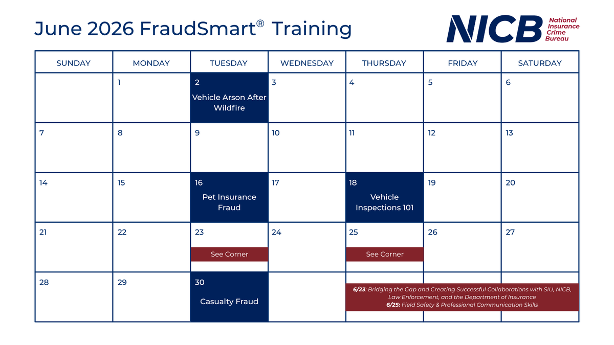 insurancecrime's tweet photo. Are you taking advantage of NICB's FraudSmart webinars? From Pet Insurance Fraud to Vehicle Inspections 101, we have you covered.

Register for sessions today!
https://t.co/fVuMeyFqQX https://t.co/LuRhwKi6j7
