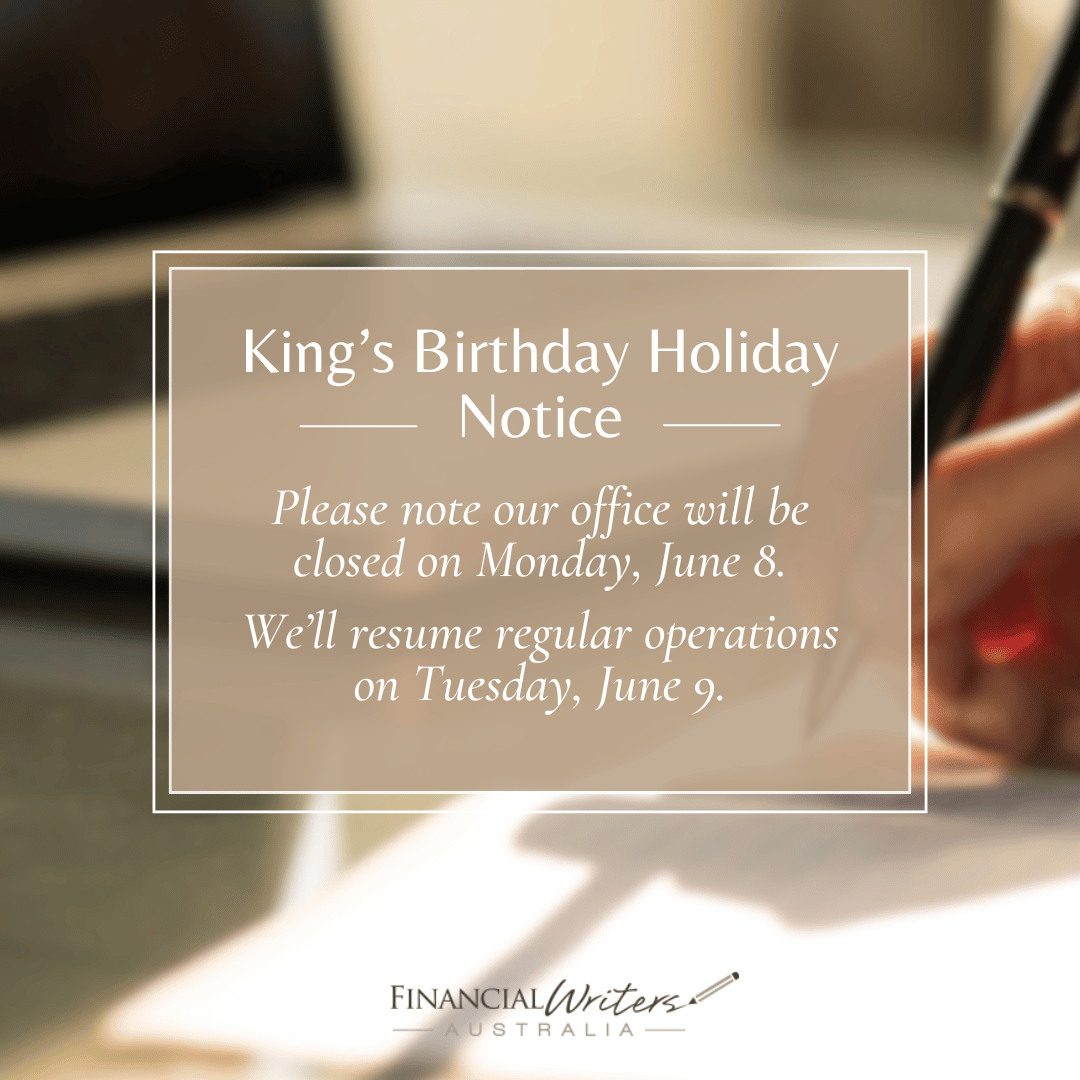 financelibrary's tweet photo. Our office will be closed on Monday, 9 June for the King’s Birthday public holiday.
We’ll be back at our desks to assist you on Tuesday, 10 June. ✒️✨

Wishing everyone a great long weekend ahead! https://t.co/loaM2CXi9A