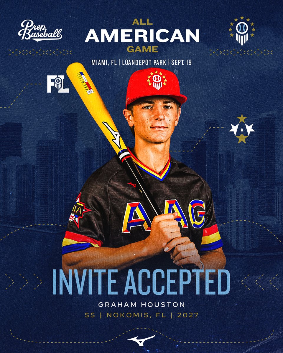 prepbaseball's tweet photo. 𝗡𝗼𝗸𝗼𝗺𝗶𝘀, 𝗙𝗟 ➡️ 𝗧𝗵𝗲 𝟯𝟬𝟱 🏝️

The No. 3 ranked prospect in the 2027 class, @Graham_Houston0 (@VHS__Baseball / @LSUbaseball) is #𝙇𝙤𝙘𝙠𝙚𝙙𝙄𝙣 for round ✌️ in Miami, FL at the Prep Baseball All-American Game 🇺🇸 #PBAAG26

@PrepBaseballFL | @MizunoSportsUSA https://t.co/4gywrECDI9