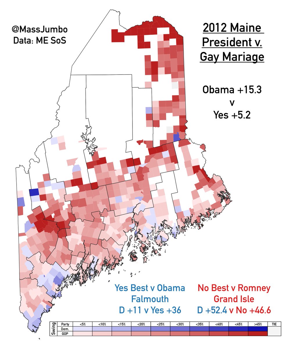 MassJumbo's tweet photo. In 2012 Maine voted to legalize gay marriage by 5. However it did 10 point worse vs Obama . Compared to Obama, Q1 did very poor in heavily French Northen Aroostook and mill towns along the upper Androscoggin River while doing better in educated Portland subrubs https://t.co/KIItE2zU0z