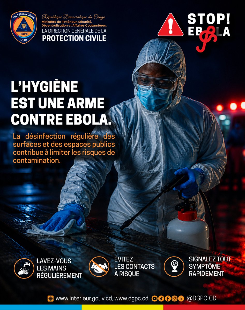 dgpc_cd's tweet photo. 🛑 STOP EBOLA! 🛑 L’HYGIÈNE EST NOTRE MEILLEURE ARME. 💪

La lutte contre la maladie à virus Ebola est l'affaire de tous. Chaque geste de prévention contribue à protéger votre famille, votre communauté et l'ensemble de la population.

La désinfection régulière des surfaces, le lavage fréquent des mains à l'eau et au savon, ainsi que le respect des mesures d'hygiène constituent des moyens efficaces pour réduire les risques de propagation du virus.

1️⃣ 🧼 LAVEZ vos mains régulièrement.
2️⃣ 🚫 ÉVITEZ les contacts à risque.
3️⃣ 📞 SIGNALEZ vite tout symptôme.

Ensemble, restons vigilants, responsables et solidaires pour prévenir la propagation d’Ebola et protéger des vies.

Direction Générale de la Protection Civile (DGPC)
 Prévenir pour mieux protéger.