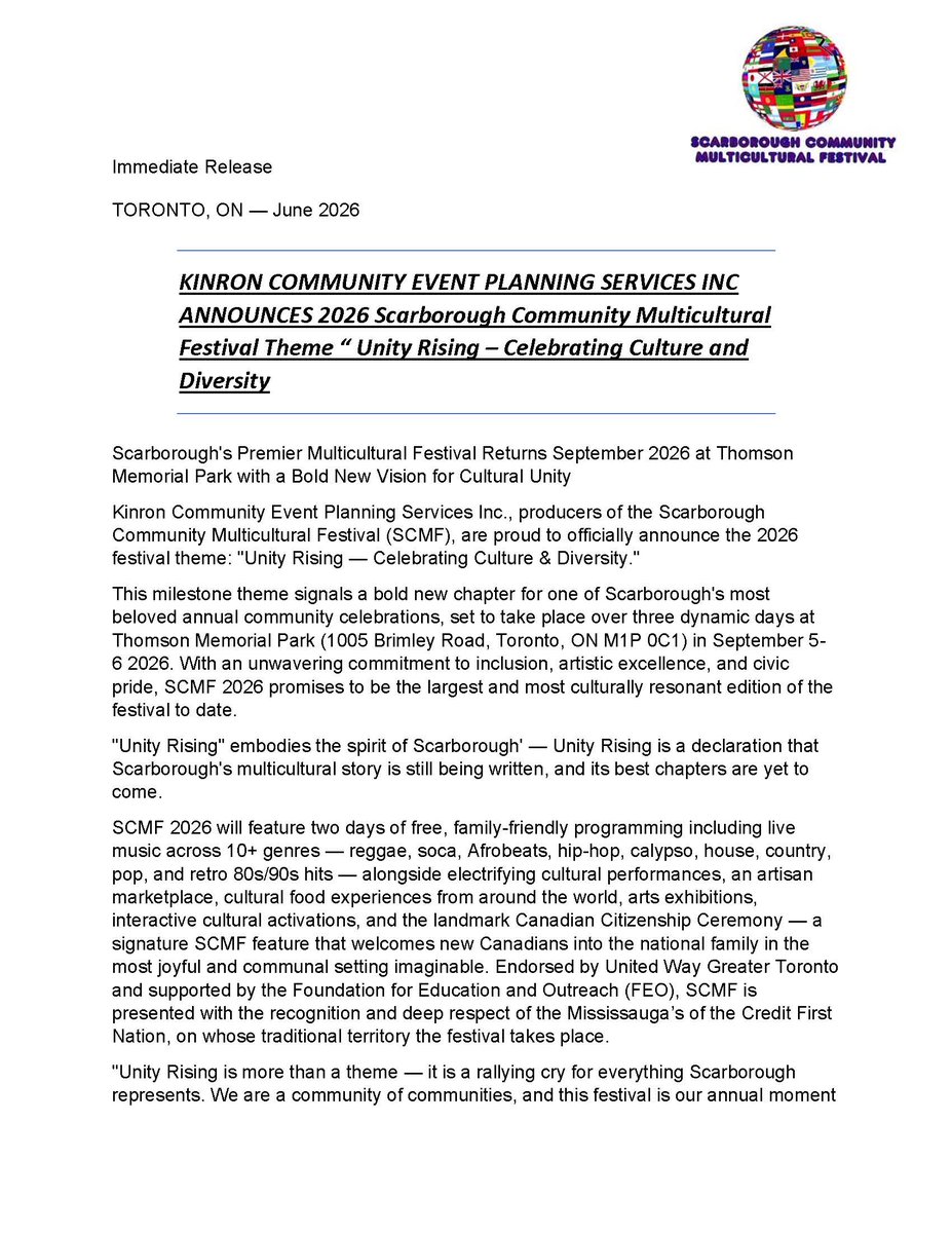 ScarbFestTO's tweet photo. @kinron_associat KINRON COMMUNITY EVENT PLANNING SERVICES INC ANNOUNCES 2026 Scarborough Community Multicultural Festival Theme “ Unity Rising – Celebrating Culture and Diversity https://t.co/m2EEUgYhmw