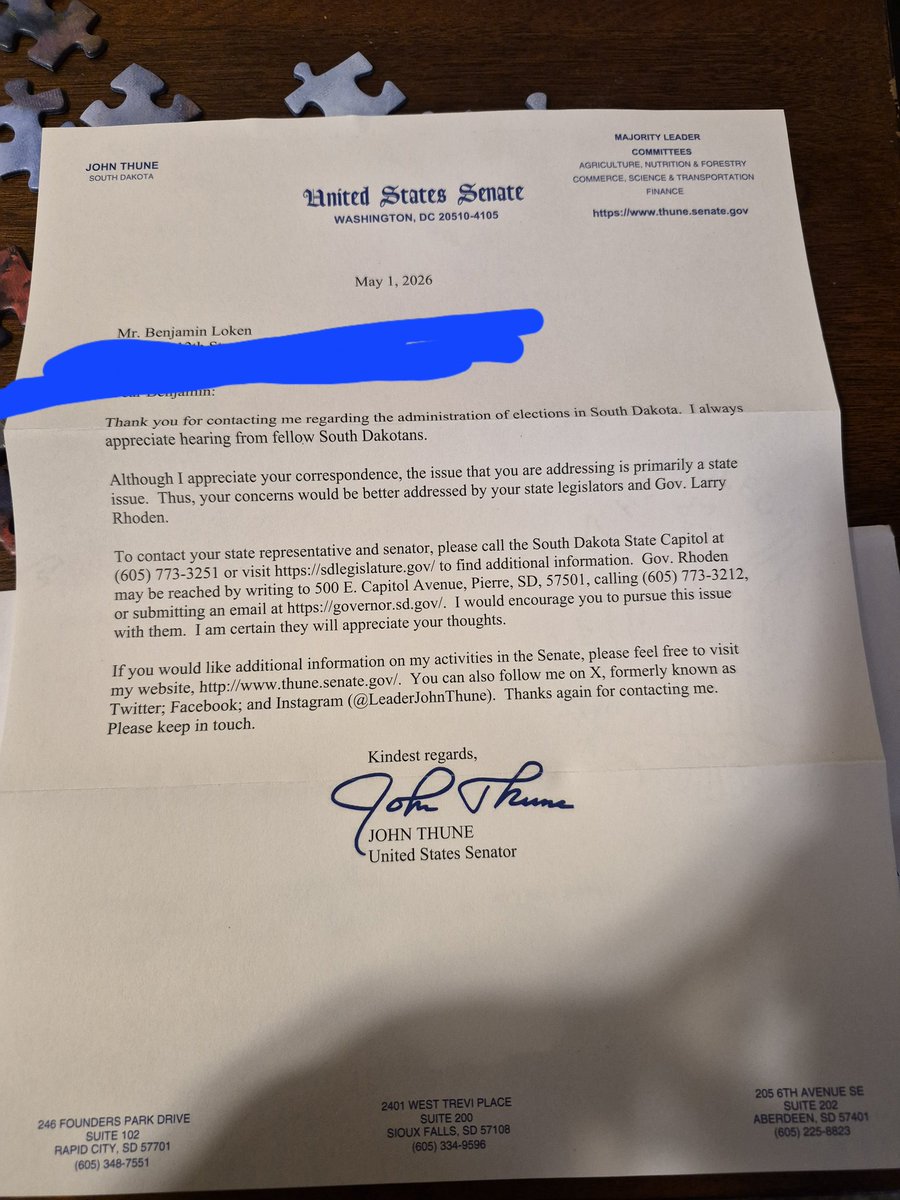 BenjaminLoken's tweet photo. @mattvanswol @EricLDaugh Suddenly my letter from public servant John Thune makes more sense https://t.co/BgGAj84fOL