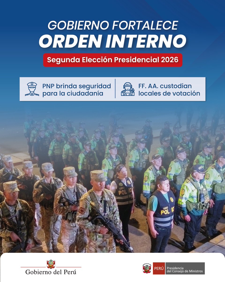 pcmperu's tweet photo. 👮‍♀️🛡️ #PCMInforma | Gobierno desplegará acciones en todo el país para contribuir al desarrollo ordenado del proceso electoral.
#GobiernoDeTransición https://t.co/NoXnf4HU3u