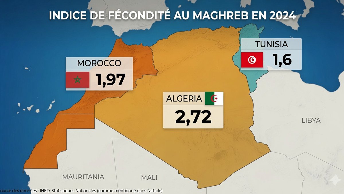 MarioNawfal's tweet photo. 🇲🇦🇹🇳 Morocco and Tunisia are running out of people before they run out of poverty.

Morocco's birth rate just dipped below the 2.1 replacement level. Tunisia is already at 1.6, on par with Europe. Both countries sit around $5,000 GDP per capita, with high emigration bleeding their young workforce dry.

They have maybe 20 years before this becomes a structural crisis.

The cruel irony: Europe is importing North African workers while North Africa hollows out. 

Sub-Saharan Africa fills the gap next. The demography of the whole region shifts with it.

Source: INED