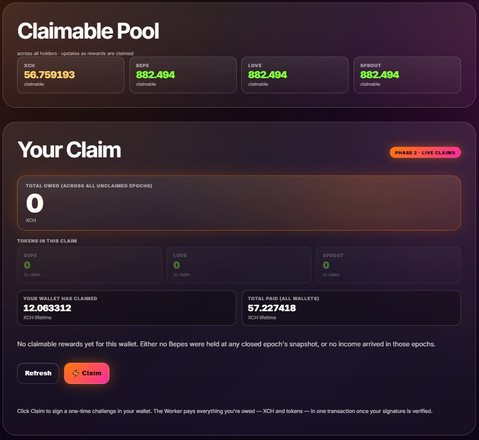 FiendStudios's tweet photo. Head over to https://t.co/lV16LJSsRt to see what rewards are available to you. I've made some changes, added some things, hardened a few things, sped up the claim, and I am going to take a nap before work tonight and tomorrow morning. If you have any issues, let me know. It's live and tested with my wallet, but that's all I got for now. $BEPE, $LOVE, and $SPROUT have all been added alongside the $XCH the claiming. It's just a test amount, so don't get too excited lol. This is just the beginning...

Tag people who may have grabbed some of the Bepe Love NFTs or share this post with them. If you haven't grabbed one yet, we are still in early mint; there are plenty available.