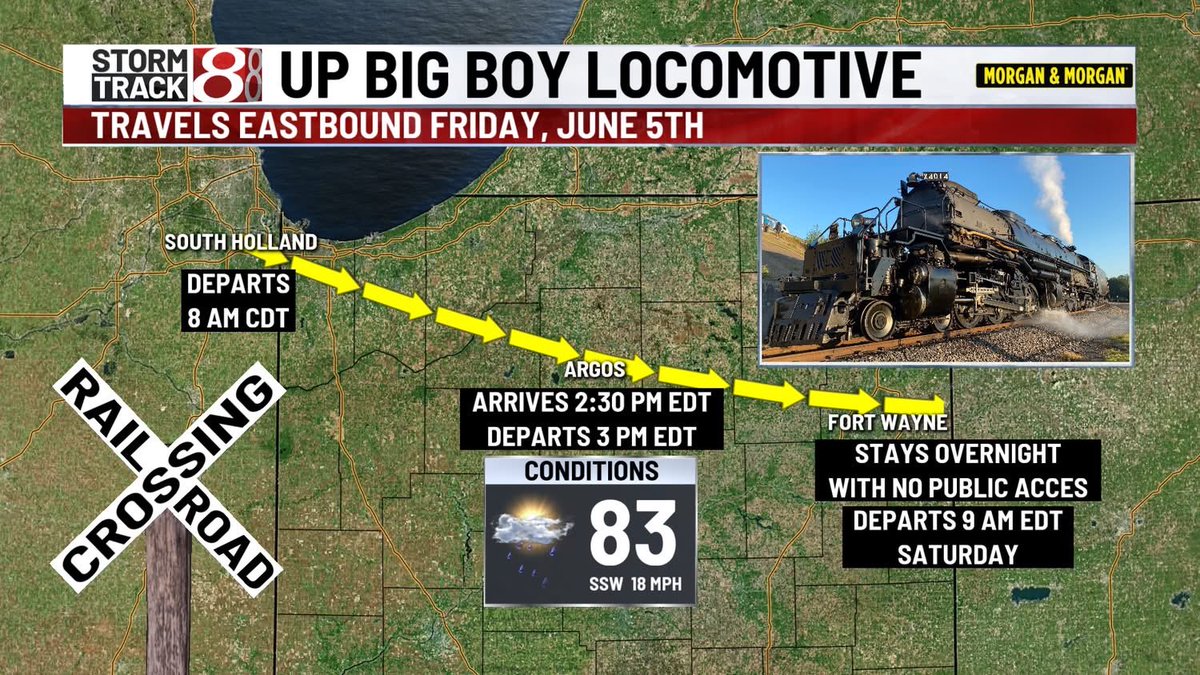 WeatherManKG's tweet photo. The @UnionPacific Big Boy locomotive will be moving across Northern Indiana on Friday. Conditions are looking pretty good overall but some rain/storms could be around during the afternoon hours.
#inwx https://t.co/HGAxd5au3o