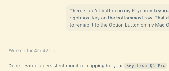 AmberSahdev's tweet photo. Codex is so cracked

I've been lazy about remapping my keychron keyboard and it just did that for me 

You cannot convince me Codex is not literal magic https://t.co/6sxkDI6sks