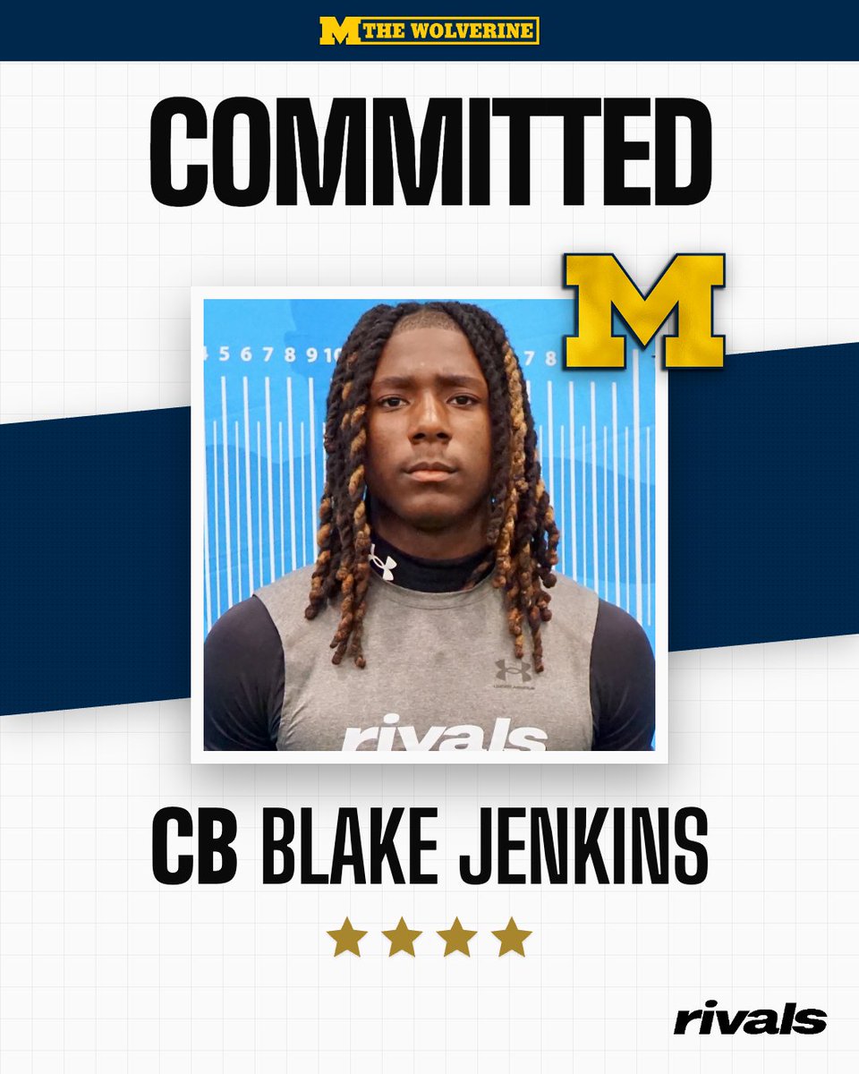 TheWolverineOn3's tweet photo. BREAKING: 4 ⭐️ CB Blake Jenkins committed to Michigan!! 🔥🔥🔥🔥

He picked the Wolverines over offers from Alabama, Texas, SMU and others. 

Details: https://t.co/lxKp2qpBPb https://t.co/NaNQkQY62k
