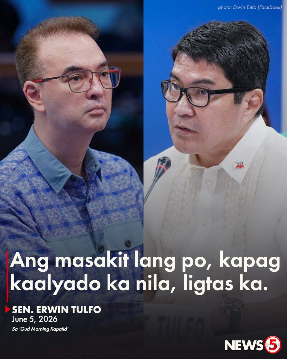 News5PH's tweet photo. SAFE ANG MGA KAALYADO?

Kinondena ni Sen. Erwin Tulfo ang isinagawang Blue Ribbon Committee hearing ng kampo ni Senate President Alan Peter Cayetano nitong Huwebes, June 4.

Aniya, politika ang dahilan sa pagdawit sa ilang opisyal sa flood control scandal.

“If this is the price we have to pay na nagsasalita ka, kumokontra ka, then so be it,” saad ni Tulfo.

“We’re readying the filing of charges dito po sa mga nag-iimbento ng kwento,” dagdag pa niya.

Si Tulfo ang inihalal na Blue Ribbon Committee Chairman sa ilalim ng pamumuno ni Senate President Pro Tempore Sherwin Gatchalian.

Matutuloy raw ang pamumunuan niyang Blue Ribbon hearing sa flood control scam sa Lunes, June 8.