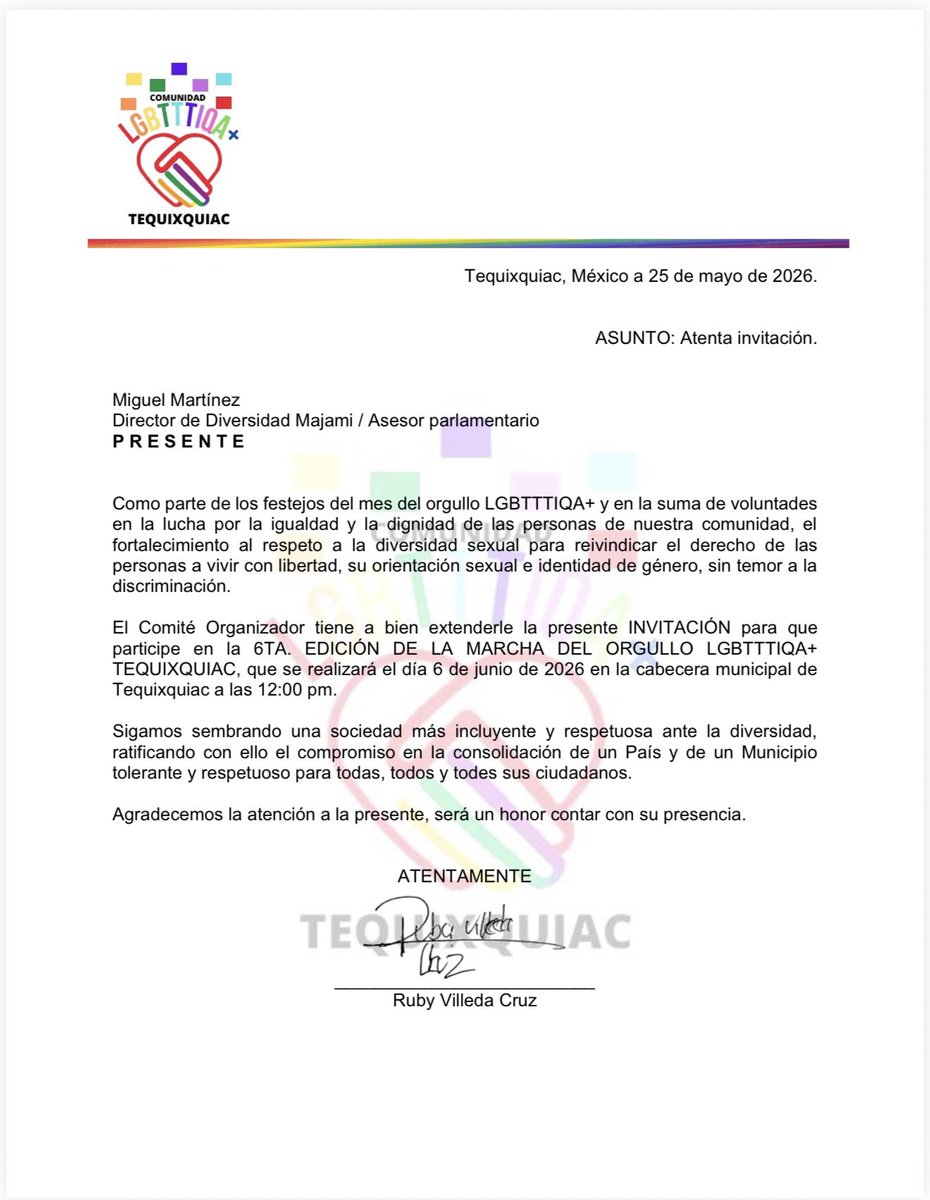 AngelMart1918's tweet photo. 🌈 Agradezco la invitación para participar en la 6.ª Marcha del Orgullo LGBTTTIQA+ de Tequixquiac. Sigamos sumando esfuerzos por una sociedad más inclusiva, igualitaria y libre de discriminación. 🏳️‍🌈✨

#Orgullo2026 #Tequixquiac #Diversidad #LGBTTTIQA https://t.co/MpZyvcJb3K