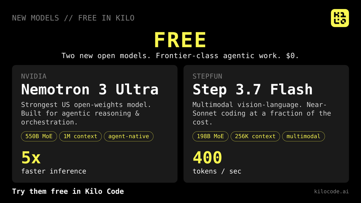kilocode's tweet photo. Two open models in Kilo tonight. Both free. What are YOU doing with your evening? 👀

Nemotron 3 Ultra (@nvidia): the strongest US open-weights model out right now. Built for agentic work, 5x faster inference, 1M context. Point it at something gnarly and walk away.

Step 3.7 Flash (@StepFun_ai): multimodal, 400 tok/sec, 256k context. Near-Sonnet coding for basically nothing.

The models are free. Excuses are not. Go build!