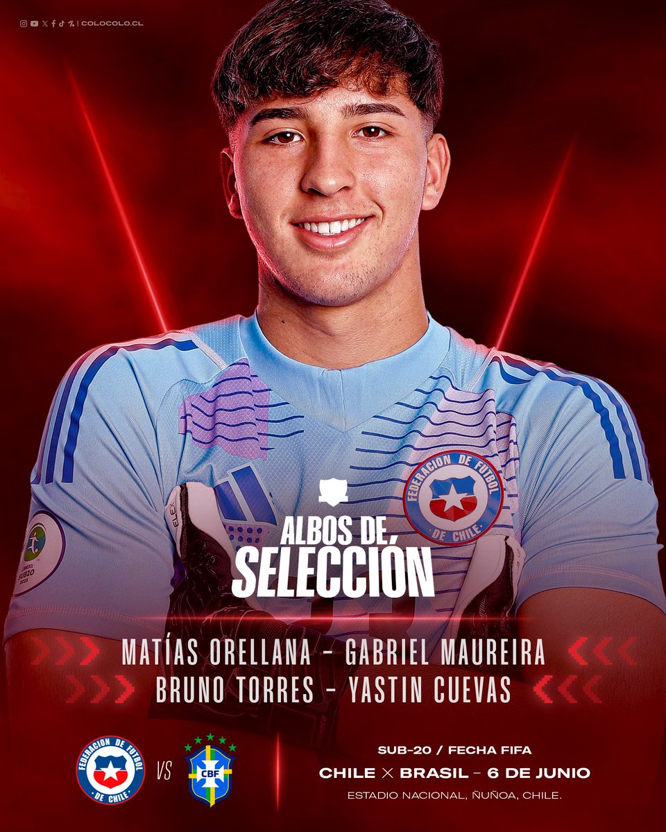 ColoColo's tweet photo. 𝐀𝐋𝐁𝐎𝐒 𝐀 𝐋𝐀 𝐒𝐄𝐋𝐄𝐂𝐂𝐈𝐎́𝐍 ⚪⚫🇨🇱

Felicitamos a nuestros juveniles Gabriel Maureira, Matías Orellana, Bruno Torres y Yastin Cuevas, quienes fueron citados a la Roja Sub 20 para disputar el amistoso ante Brasil en el Estadio Nacional 🏟️

#VamosLaCantera
#VamosColoColo
#VamosPorTodo
