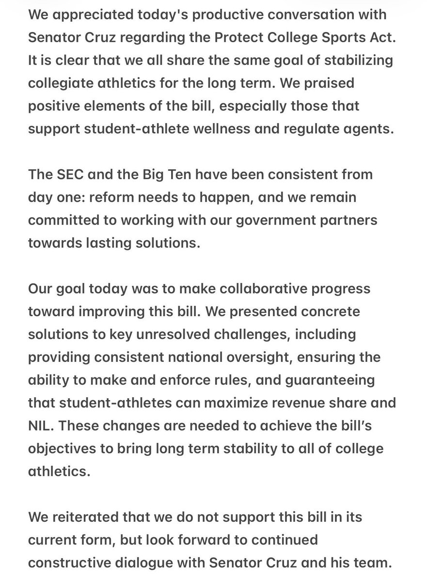 garyharris_wvua's tweet photo. Big Ten Commissioner Tony Petitti and SEC Commissioner Greg Sankey released a joint statement on the Protect College Sports Act. They don’t support it. https://t.co/npEsPNYL8i