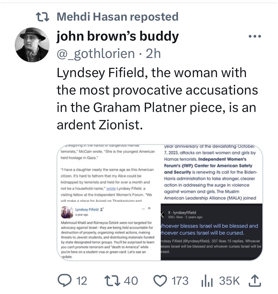 DeedsWylie's tweet photo. Why would @mehdirhasan retweet this?

What does being a Zionist have to do with Platner’s allegedly abusive behaviour?

What happened to “believe women”?

This is like GP’s 10th mini-scandal

[Posting about kidnapped girls &amp; a Bible verse about Israel is hardly “ardent Zionist”] https://t.co/EyATZ9zAXF