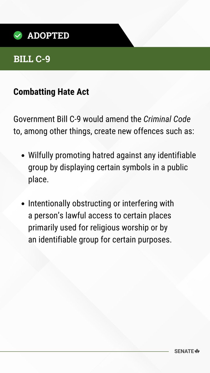 SenateCA's tweet photo. Bill #C9, as amended, has been adopted at third reading in the Senate: https://t.co/XvGGXq8rH3
 
#SenCA #CdnPoli https://t.co/w3XcaXovfD