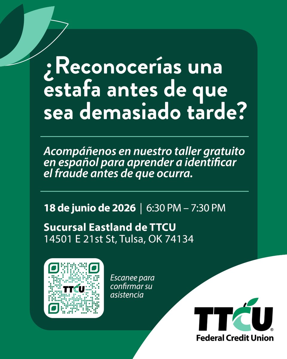 ttcu's tweet photo. Join us on June 18 for a free Spanish-language seminar and discover how to spot fraud before it happens. Click to RSVP for this event: https://t.co/DIfbi32zIS https://t.co/zREGwSs0ot