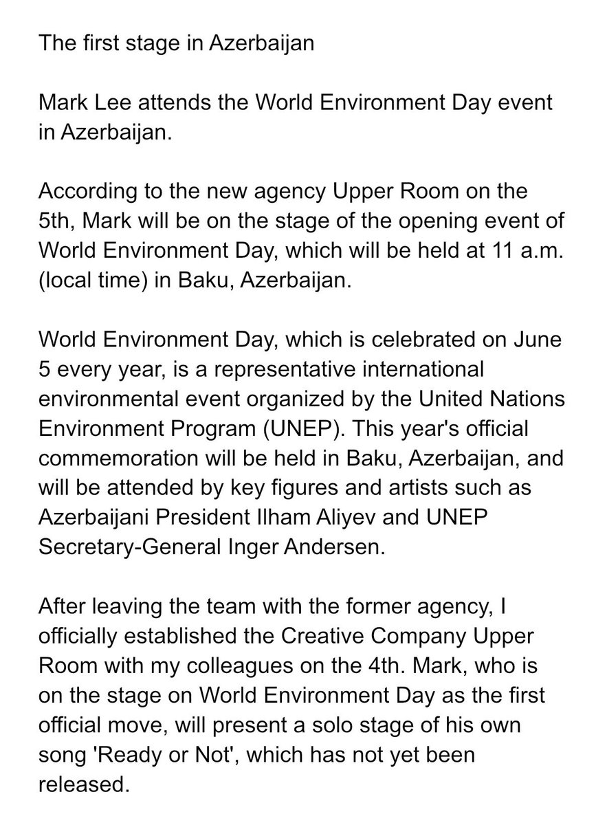 mybelovesun's tweet photo. first stage in Azerbaijan #MARK #마크 

Mark Lee attends the World Environment Day event in Azerbaijan.

opening event of World Environment Day
🗓️ June 5, 2026
⏰ 11 a.m. (local time)
📍 Baku, Azerbaijan https://t.co/Et3MN6Evjb