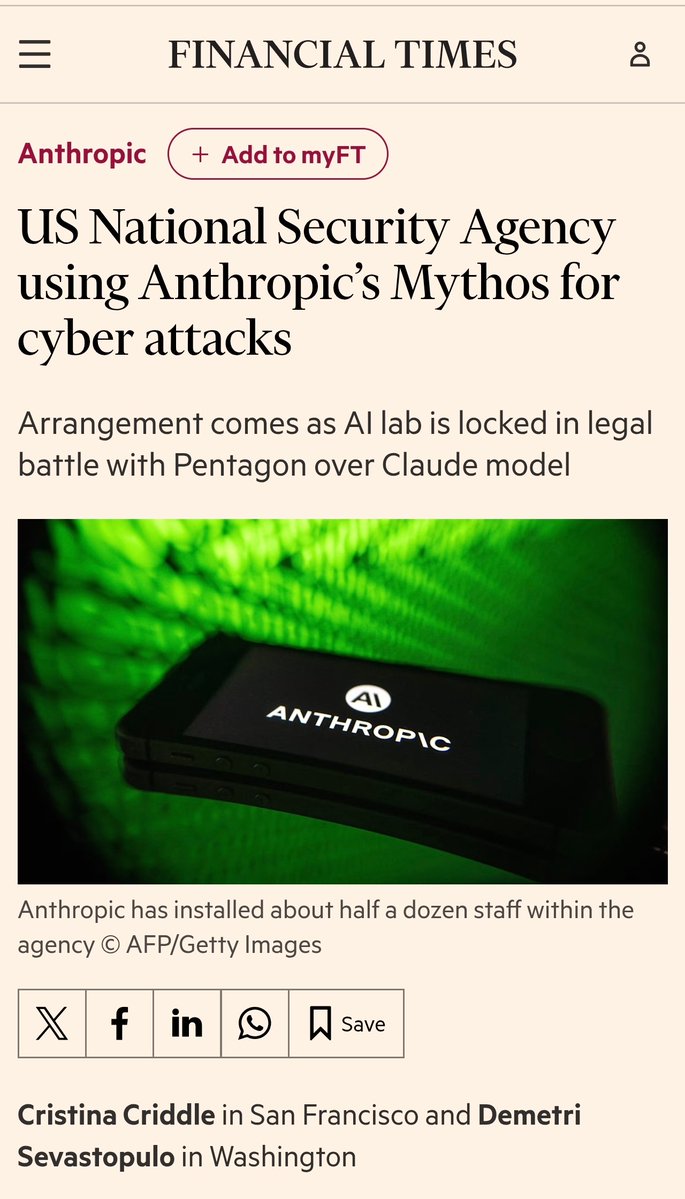 RnaudBertrand's tweet photo. There you go: the FT confirms that not only is the NSA using Anthropic's AI "for offensive cyber operations" against "nations such as China or Iran" but Anthropic is actively helping them in that effort.

As per the article, Anthropic "installed about half a dozen staff within the NSA as so-called forward-deployed engineers to guide the use of the technology and customise models for specific applications."

It confirms two things. First: the United States is the most aggressive state actor in cyberspace, by far. It offensively infiltrates other nations' networks, and is now supercharging that capability with AI. Heck that is literally one of the core mission statements of the NSA, one of the largest security agencies of the US government.

Second, that Anthropic's carefully cultivated image as the ethical, safety-first AI company that "partners with the church" is a fiction. In reality, it is the most deeply embedded AI company in the US security state. Instead of building guardrails, they're literally weaponizing their own AI inside the NSA.

Src: https://t.co/sWmXvPSUy4