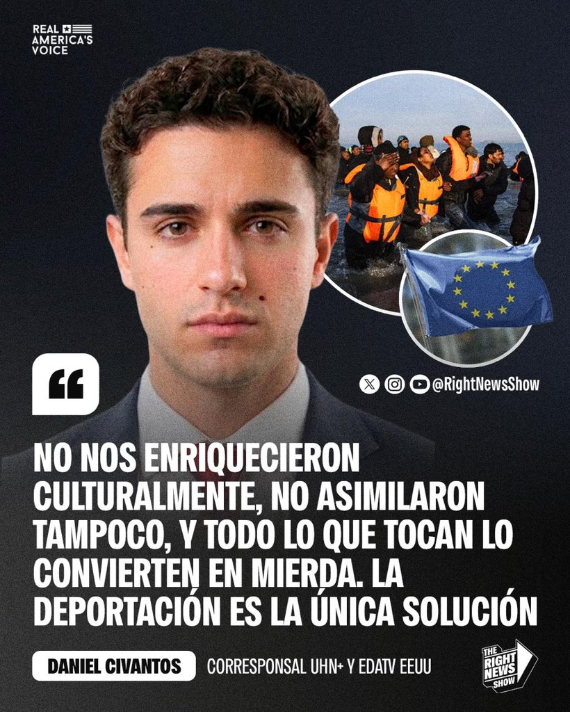 RightNewsShow's tweet photo. 🚨🇪🇸🇺🇳 | Daniel Civantos explotó contra la ONU por promover políticas migratorias que han perjudicado a Europa y defendió las deportaciones masivas como solución: “No nos enriquecieron culturalmente, no asimilaron tampoco, y todo lo que tocan lo convierten en mierda. La deportación es la única solución”.