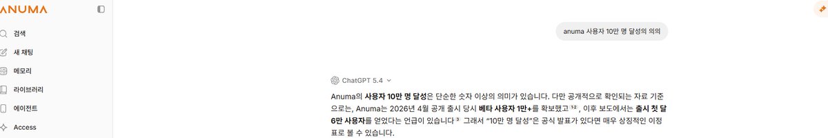 minluv92's tweet photo. Anuma 10만명 달성 추카해!
@ZetaChain_KR @ZetaChain @AnumaAI_KR 

아누마가 런칭 38일만에 사용자 10만명을 달성했다고 해요! 너무 축하축하!!!! 이 수치가 가지는 의의에 대해 아누마에게 자축하란 의미로 물어봤어요!

Anuma의 사용자 10만 명 달성은 단순한 숫자 이상의 의미가 있습니다. 다만 공개적으로 확인되는 자료 기준으로는, Anuma는 2026년 4월 공개 출시 당시 베타 사용자 1만+를 확보했고1·2, 이후 보도에서는 출시 첫 달 6만 사용자를 얻었다는 언급이 있습니다3 그래서 “10만 명 달성”은 공식 발표가 있다면 매우 상징적인 이정표로 볼 수 있습니다.

1. 제품-시장 적합성(PMF) 입증
Anuma의 핵심 가치는 멀티모델 + 프라이버시 + 사용자 소유 메모리인데, 10만 명은 이런 포지셔닝이 틈새가 아니라 실제 수요가 있는 시장임을 보여줍니다. 특히 Anuma는 “여러 AI 모델을 하나의 기억으로 연결한다”는 점을 전면에 내세웠기 때문에1·2, 10만 명 달성은 사용자가 단순히 신기해서가 아니라 반복적으로 쓸 이유를 느꼈다는 신호로 해석할 수 있습니다.

2. “프라이버시 중심 AI”가 니치가 아니라는 증거
Anuma는 메모리를 기기 내 암호화, 서버 비저장, 모델 학습 미사용이라는 메시지로 차별화해 왔습니다2·4 10만 명은 이런 철학이 “좋은 이야기” 수준이 아니라, 실제 사용자 획득에 효과적인 경쟁우위가 될 수 있음을 보여줍니다.

3. 멀티모델 전략의 유효성 확인
Anuma는 ChatGPT, Claude, Gemini, Grok, DeepSeek 등 여러 모델을 하나의 구독과 하나의 메모리 층으로 묶는 전략을 취하고 있습니다1·2 10만 명 달성은 사용자가 특정 모델 하나에 종속되기보다, 상황별로 모델을 바꾸되 맥락은 유지하고 싶어 한다는 점을 입증하는 사례가 됩니다.

4. 네트워크 효과보다 “데이터 신뢰 효과” 축적
일반 소셜앱처럼 직접적인 네트워크 효과는 약할 수 있지만, Anuma는 사용자가 쓸수록 자신의 메모리·선호·프로젝트 기록이 축적됩니다. 즉 10만 명은 단순 사용자 수가 아니라, 플랫폼에 쌓이는 개인화 맥락의 총량이 커졌다는 뜻입니다. 이건 이탈 장벽과 재방문율을 높이는 핵심 자산입니다.

5. 수익화와 비즈니스 지속가능성에 대한 신뢰 강화
Anuma는 무료/Starter/Pro와 크레딧 기반 구조를 운영합니다. 사용자 10만 명은 다음을 의미할 수 있습니다.

유료 전환 가능성 확대
크레딧 소비 기반 매출 증가
신규 기능 출시 시 초기 수요 확보
파트너십/투자 유치 시 신뢰도 상승
특히 베타 1만+, 첫 달 6만이라는 초기 성장 흐름이 있었다면1·3, 10만 명은 “초기 화제성”을 넘어 사업으로서의 지속성을 보여주는 구간입니다.

6. ZetaChain의 전략 전환 성과를 보여주는 지표
보도에 따르면 ZetaChain은 Anuma를 통해 AI 소비자 레이어에 더 집중하는 방향을 보이고 있습니다3 그렇다면 10만 명 달성은 단지 Anuma만의 성과가 아니라, ZetaChain이 인프라 프로젝트에서 실제 사용자-facing AI 플랫폼으로 확장하는 전략이 먹히고 있다는 증거가 됩니다.

크으 정말 유의미한 수치가 아닐 수 없네요!
아~ 아누마 100만명 달성할때까지 파라파라나 춰야겠다~ 아누마 오이데~