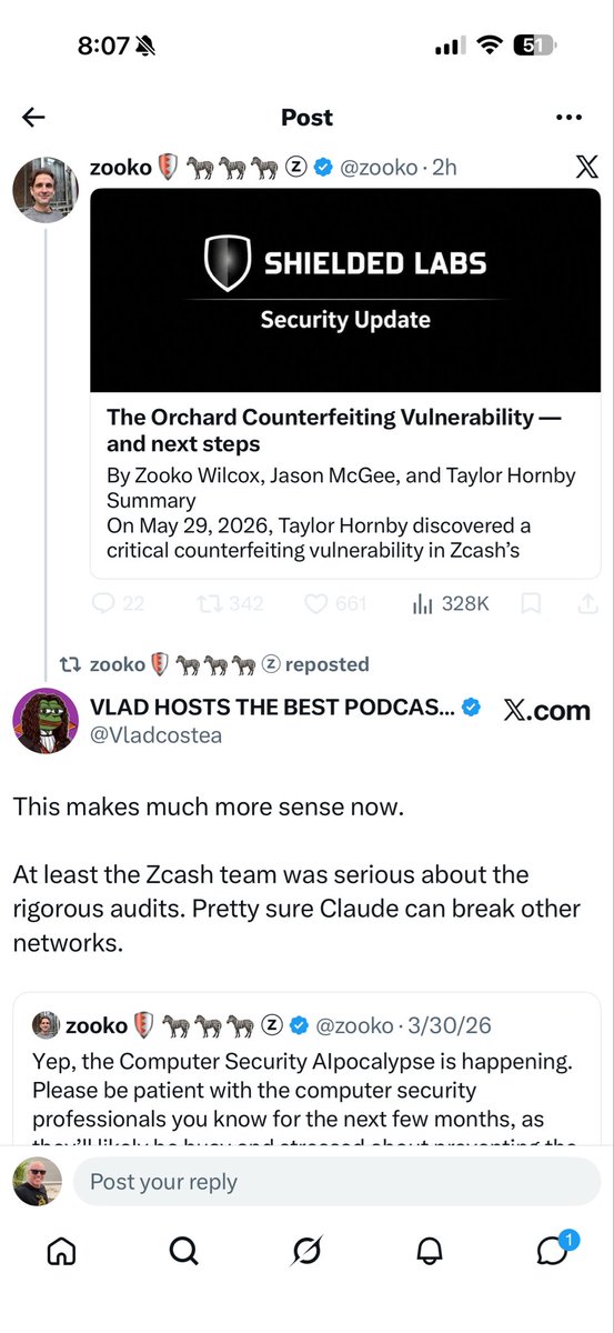 DouglasTuman's tweet photo. My reaction to the Zcash counterfeit vulnerability:

How we get a “Taylor Hornsby” to use the latest ai to check all of Monero’s code, and upcoming fcmp code etc.

Zooko has me blocked otherwise I would have retweeted his post: https://t.co/KkapgPiaYz