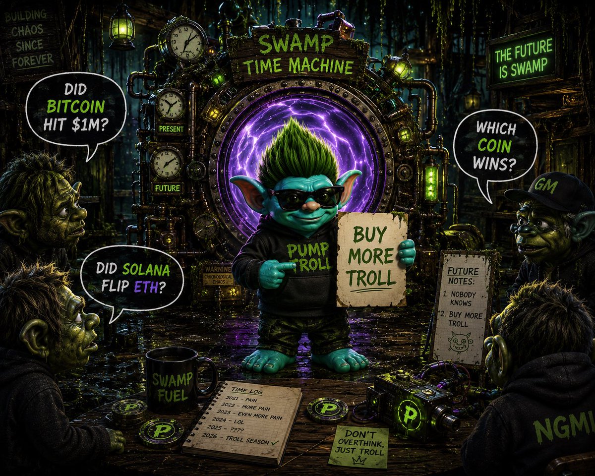 Jago_onX's tweet photo. 🚨 BREAKING: Pump Troll successfully built a time machine from swamp junk.

Naturally, the community had important questions.

“Did Bitcoin hit $1M?”

“Did Solana flip ETH?”

“Which coin won the cycle?”

Pump Troll disappeared into the future for 30 seconds…

Returned.

Refused to elaborate.

Held up a piece of paper that simply said:

BUY MORE TROLL.

That’s when we realized something.

The people constantly asking for certainty are usually the last ones to act.

The people waiting for confirmation are usually waiting for a higher entry.

The people demanding guarantees miss the entire point of being early.

Nobody knows exactly how crypto plays out.

Nobody knows the next narrative.

Nobody knows the next obsession.

But every cycle has one community that appears out of nowhere, ignores the noise, embraces the memes, and somehow becomes impossible to ignore.

The swamp isn’t trying to predict the future.

The swamp is busy building it.

While everyone else argues over charts…

The trolls are creating culture.

While everyone else searches for certainty…

The trolls are creating attention.

And in crypto, attention has always been the rarest asset.

So maybe the time machine wasn’t showing us the future.

Maybe it was showing us what the future rewards:

Communities that show up before everyone else.

🧌🔥

Welcome to the swamp.

The future is weird.

The future is chaotic.

The future is troll.

#PumpTroll #Solana #SwampSeason #TrollArmy