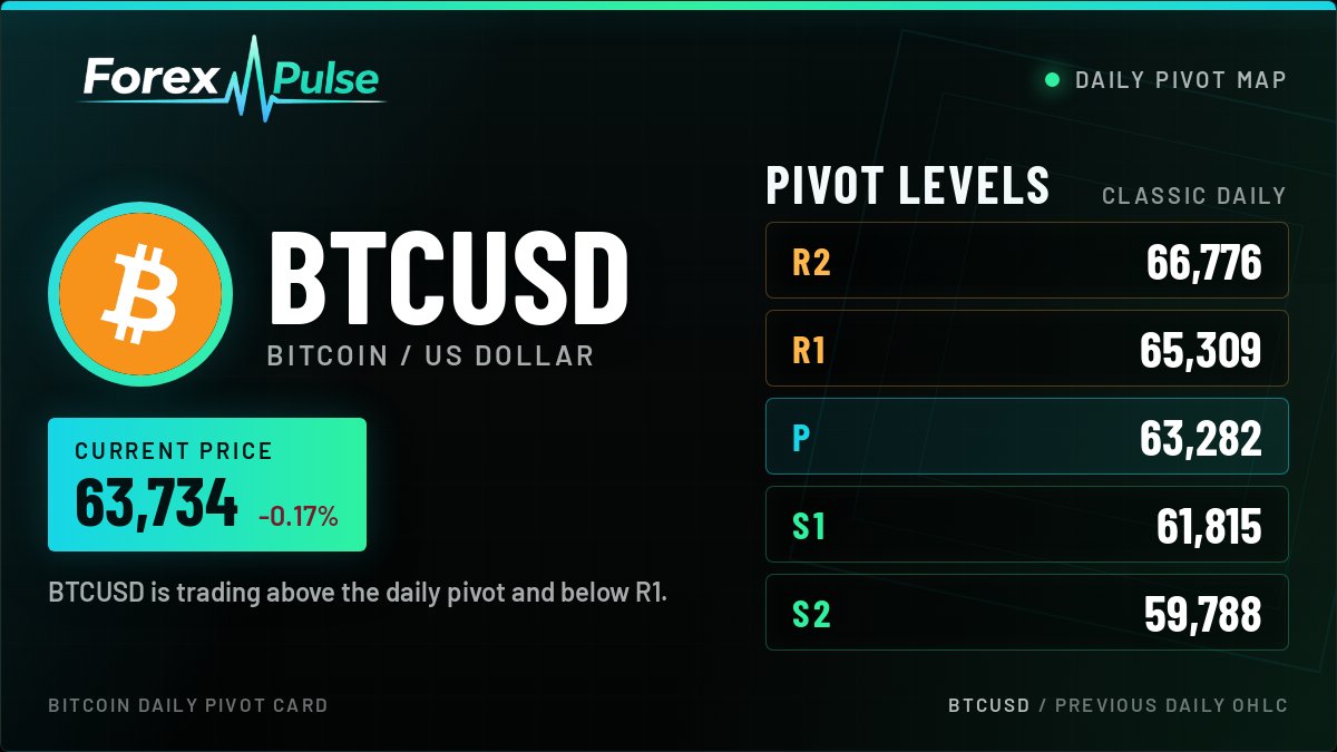 ForexPulse_App's tweet photo. BTCUSD Daily Pivot Map
Price: 63,734 (-0.17%)
R2: 66,776 | R1: 65,309
P: 63,282
S1: 61,815 | S2: 59,788
Note: BTCUSD is holding above the pivot, with R1 as the first upside checkpoint.
#ForexPulse #BTCUSD #BTC #Bitcoin https://t.co/bPjWTUaNAg