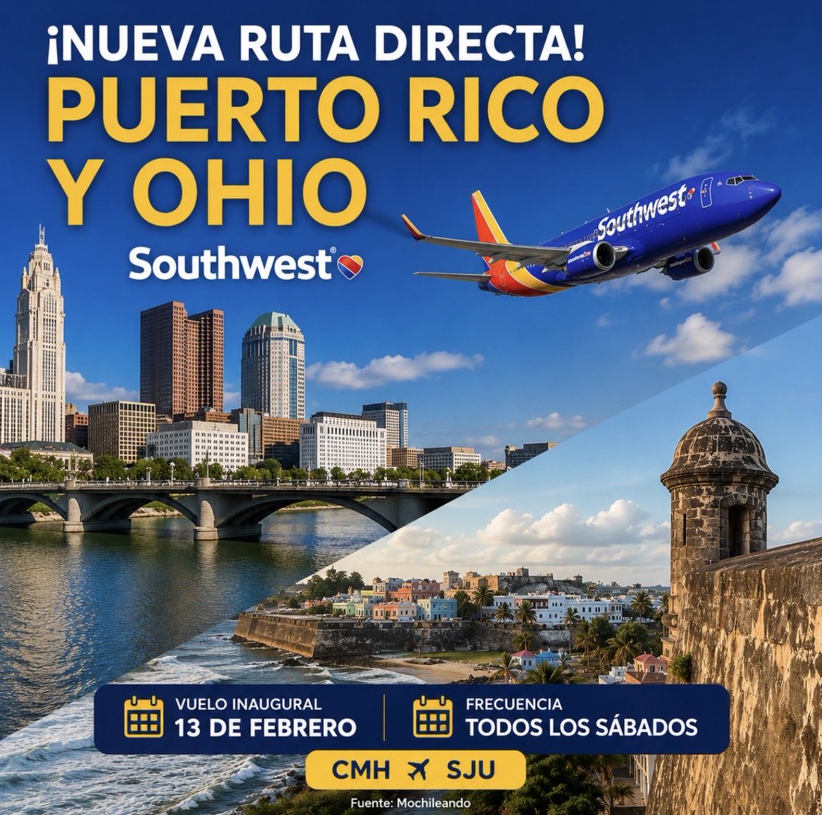 WilMochileando's tweet photo. ✈️ ¡Buenas noticias! Lanzarán vuelos directos entre Puerto Rico y Ohio, Estados Unidos!

La aerolínea Southwest Airlines anunció una nueva ruta directa entre Columbus y San Juan. 🇵🇷

📅 El vuelo inaugural entre CMH y SJU será el 13 de febrero de 2027 y, por el momento, operará una vez por semana, todos los sábados.