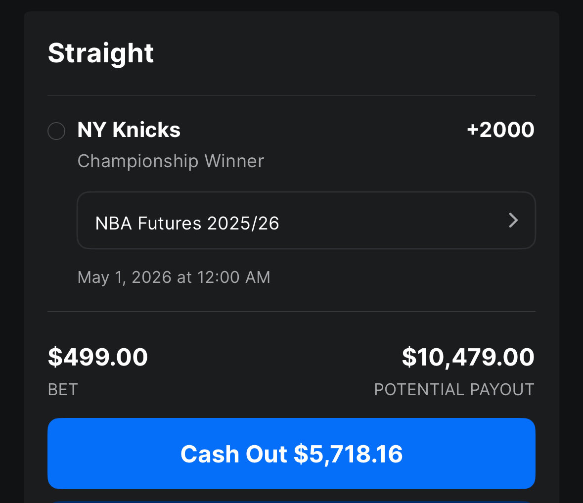 JonMetler's tweet photo. Back in Canada, which means I have access to my sportsbooks once again. 

Had to take a quick peek at the Knicks cashout to win the NBA Finals 👀😂 https://t.co/pmQm5ZUdq2