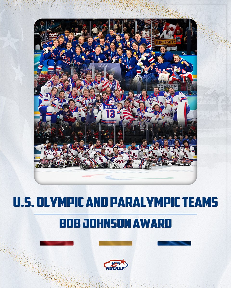 usahockey's tweet photo. The U.S. became the first country to ever win gold in all three disciplines in the same year at the Olympics and Paralympics 🏅

On June 5th, the U.S. Olympic and Paralympic Teams will be recognized as the Bob Johnson Award Recipients!

Details: https://t.co/2wxWO5qPcZ https://t.co/9RB1wUrSti