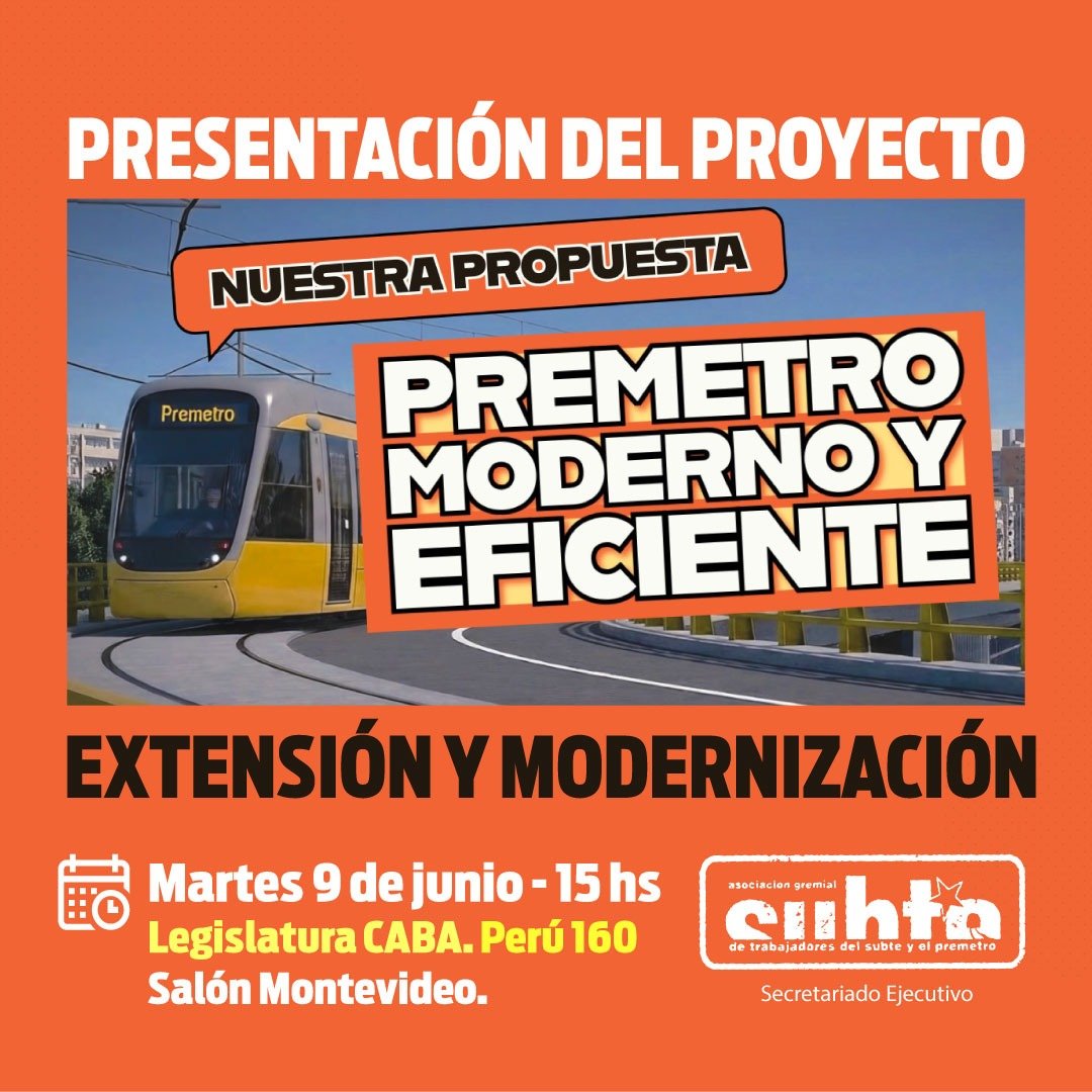 kittygoth_'s tweet photo. Finalmente este próximo Martes 9 de Junio se presenta el proyecto de extención y modernización del Premetro en la Legislatura de CABA!

Están todos invitados a acompañar!!

Martes 9 de junio | 15 hs
Legislatura CABA – Perú 160, Salón Montevideo https://t.co/pYMWO2FDt4
